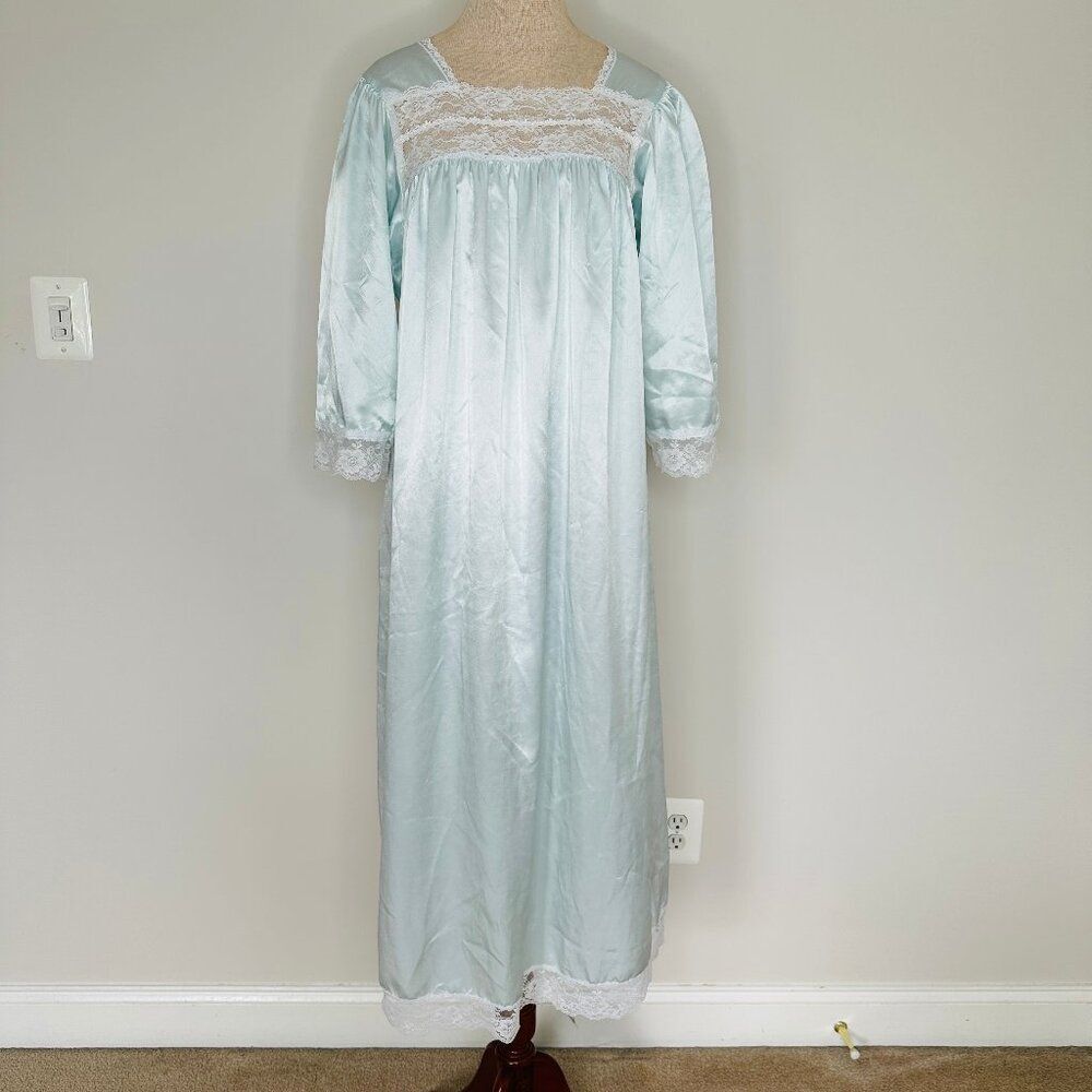 Christian Dior Vintage Long Nightgown Blue Satin Size Small/Medium Lace Romantic